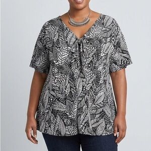 😍SHOW SPECIAL PENNINGTONS Black & White Floral Tie Front Shirt Sleeve Blouse 2X